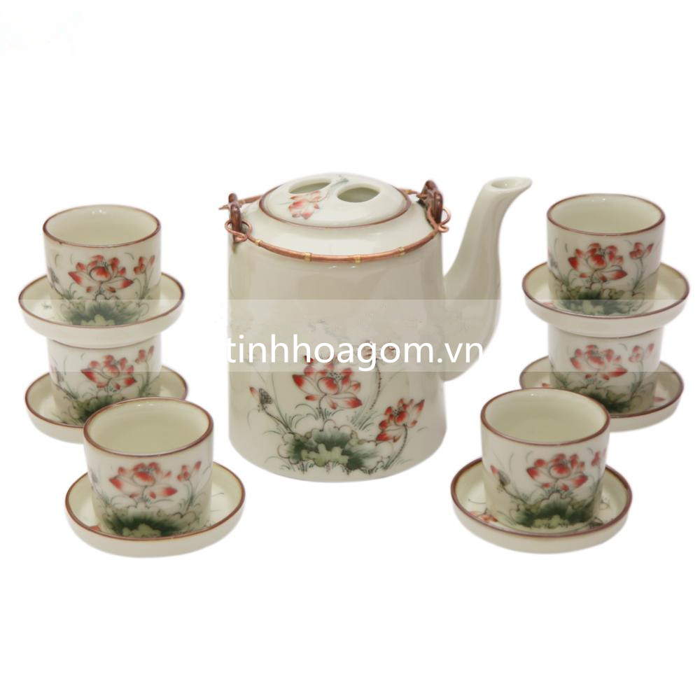 Bộ ấm tích vẽ sen - men kem 1,3 lít