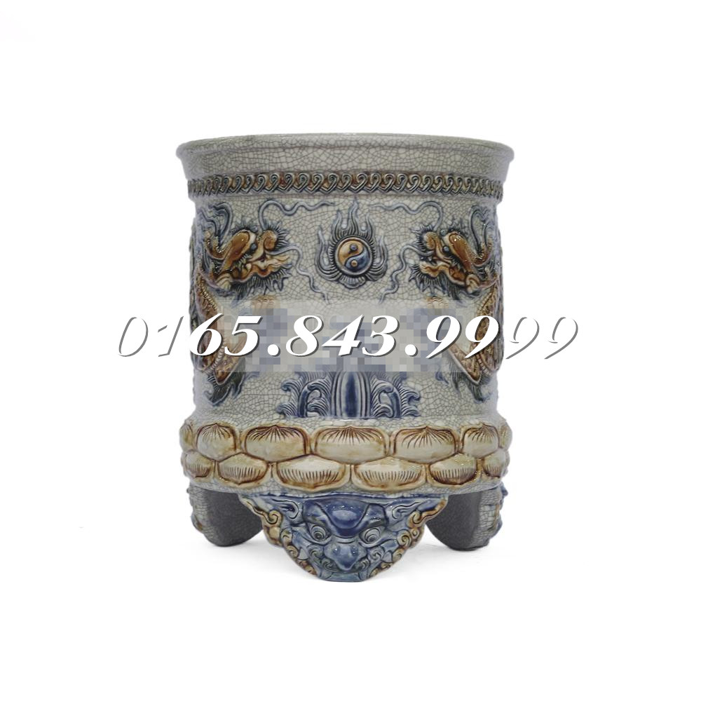 Bát hương - liền chân - Rồng nổi - men rạn cổ - ∅ 22cm